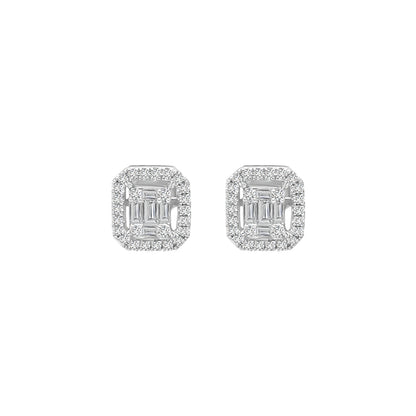 Cluster And Emerald Cut Diamond Stud Earring Crafted In 18K White Gold