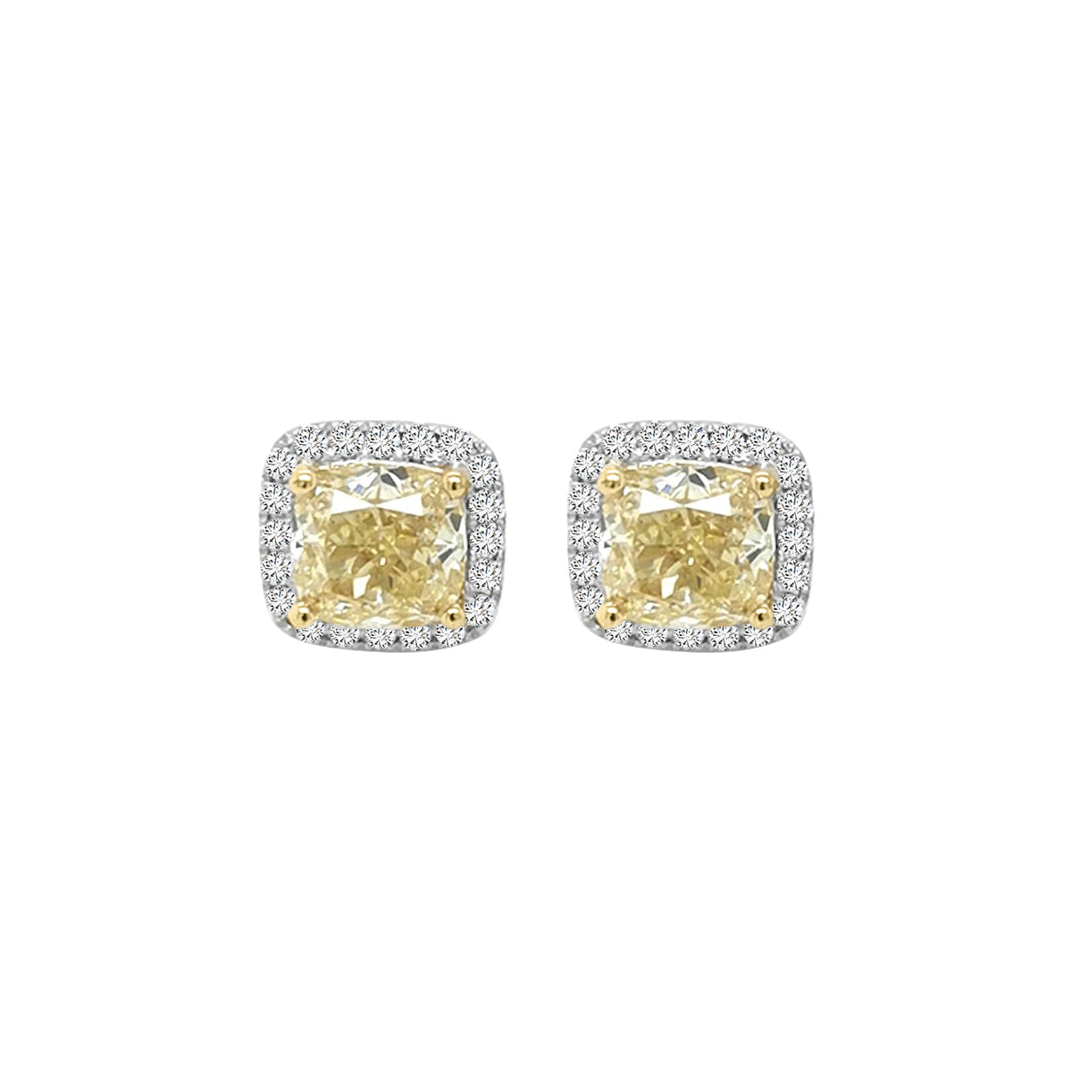 Yellow Diamond Halo Stud Earring Crafted In 18K White Gold