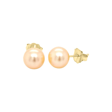 Fresh Water Peach Pearl Stud Earrings In 18k Yellow Gold.