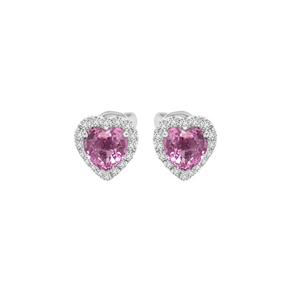 Heart Shape Pink Sapphire With Diamond Halo Stud Earrings In 18k White Gold.
