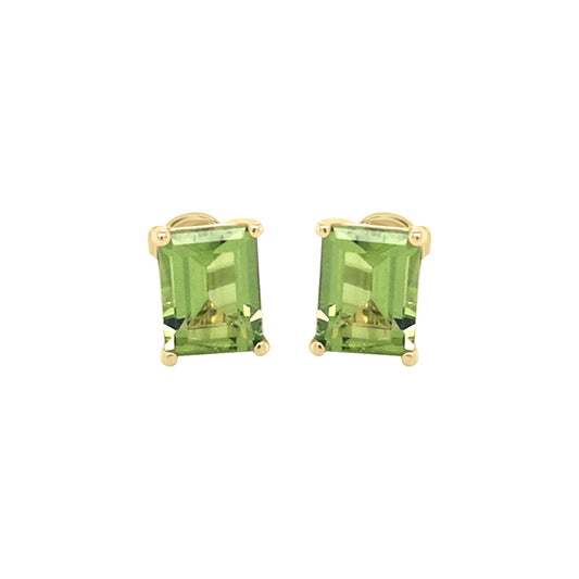 Solitaire Emerald Cut Peridot Stud Earrings In 18k Yellow Gold.