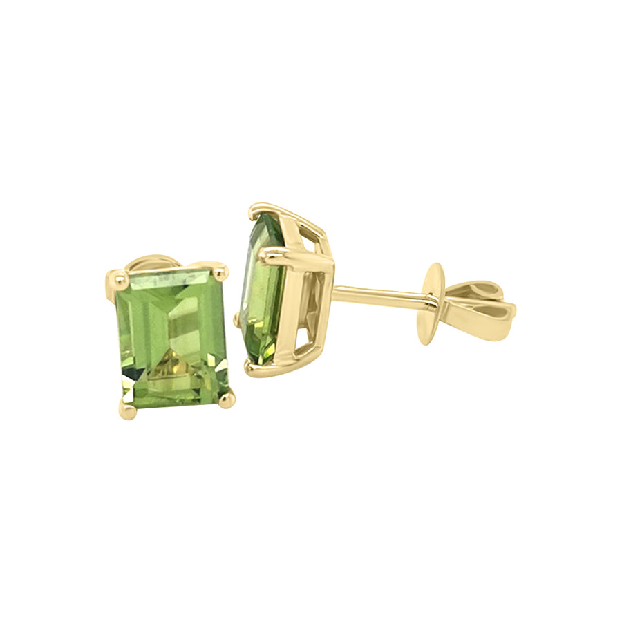 Solitaire Emerald Cut Peridot Stud Earrings In 18k Yellow Gold.