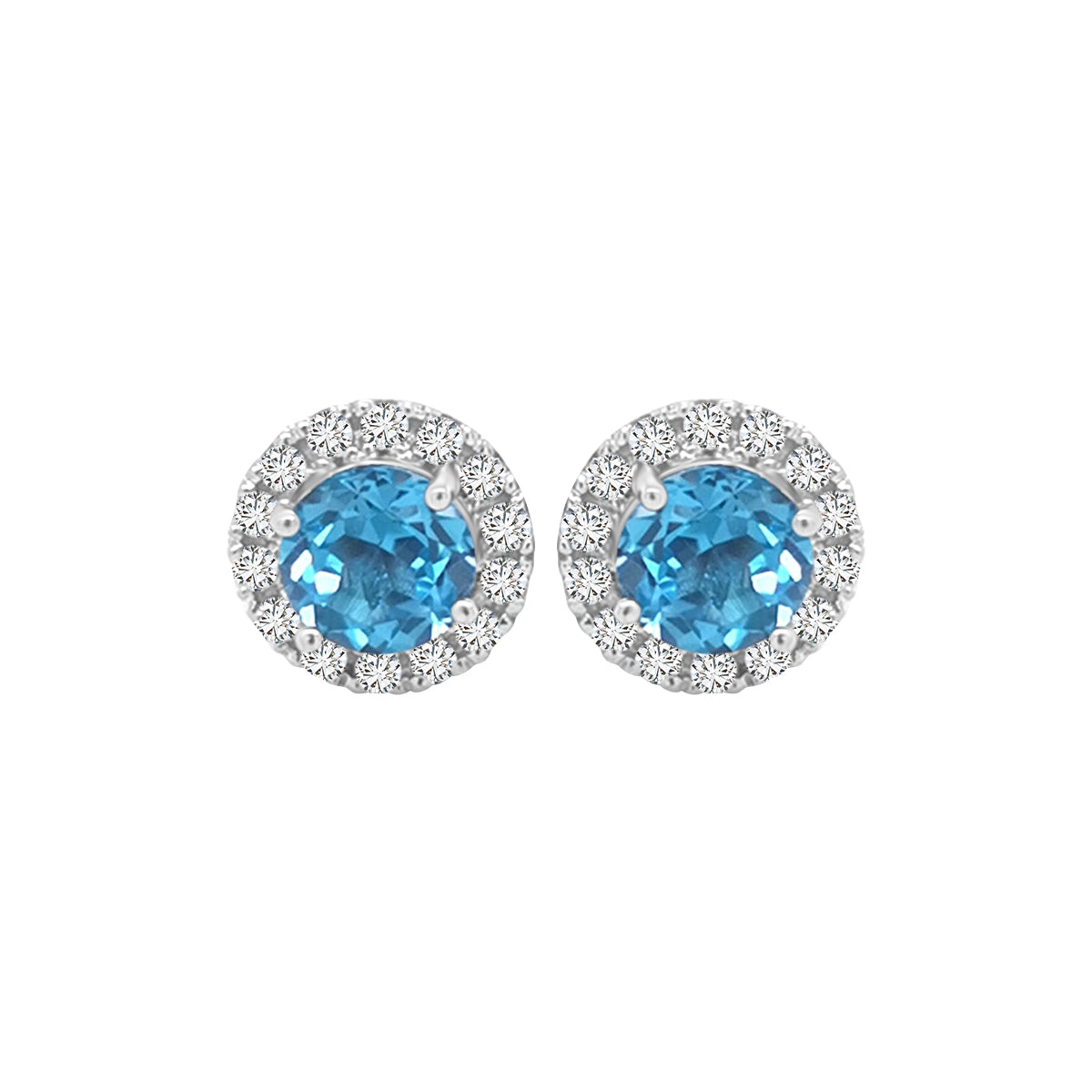 Blue Topaz And Diamond Halo Stud Earrings In 18k White Gold.