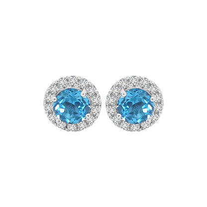 Blue Topaz And Diamond Halo Stud Earrings In 18k White Gold.