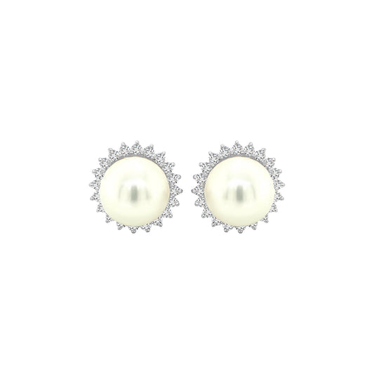 Pearl And Halo Diamond Stud Earrings In 18k White Gold.