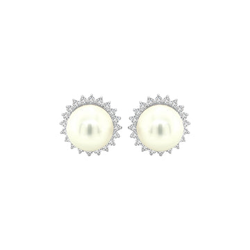 Pearl And Halo Diamond Stud Earrings In 18k White Gold.