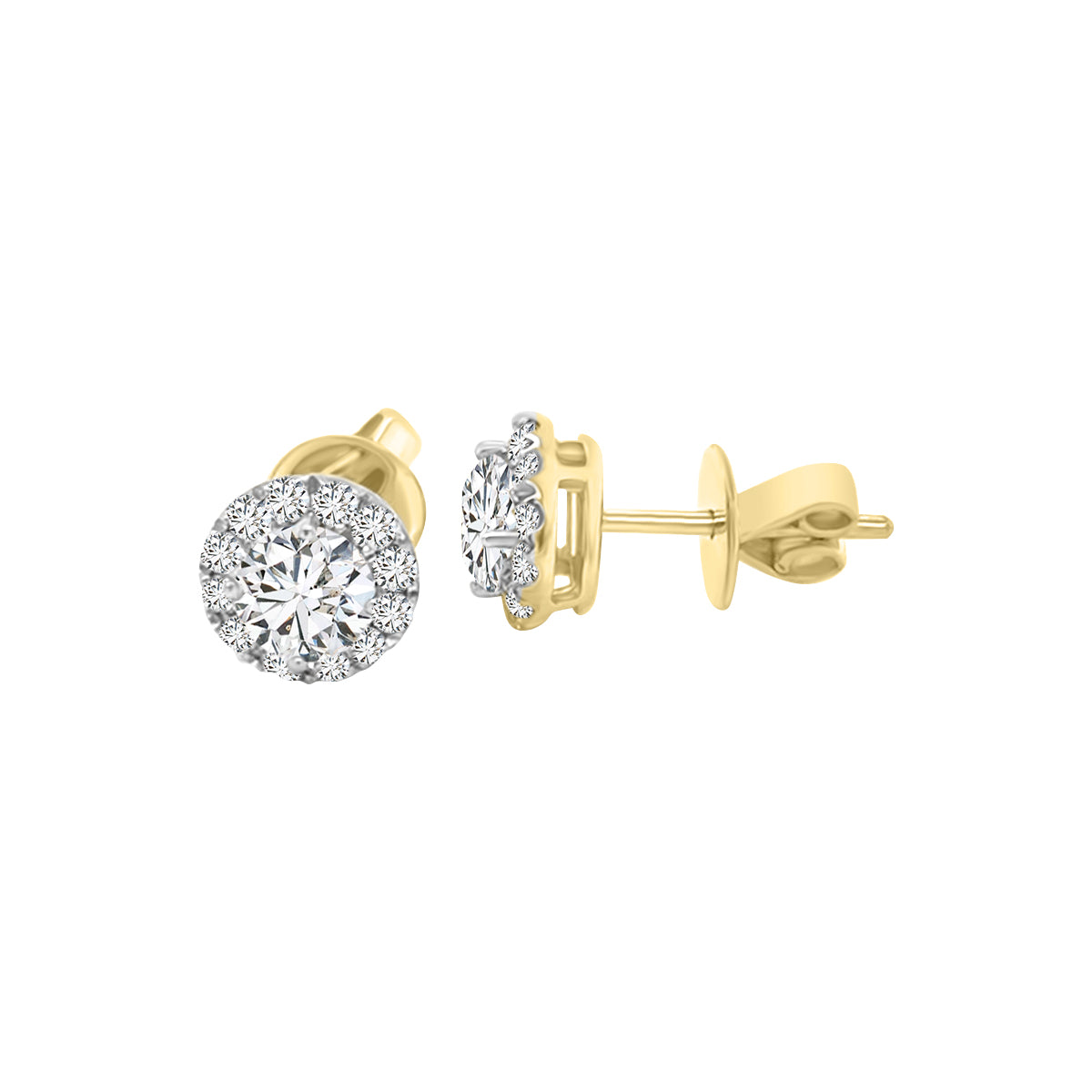 Halo Diamond Stud Earrings In 18k Yellow Gold.