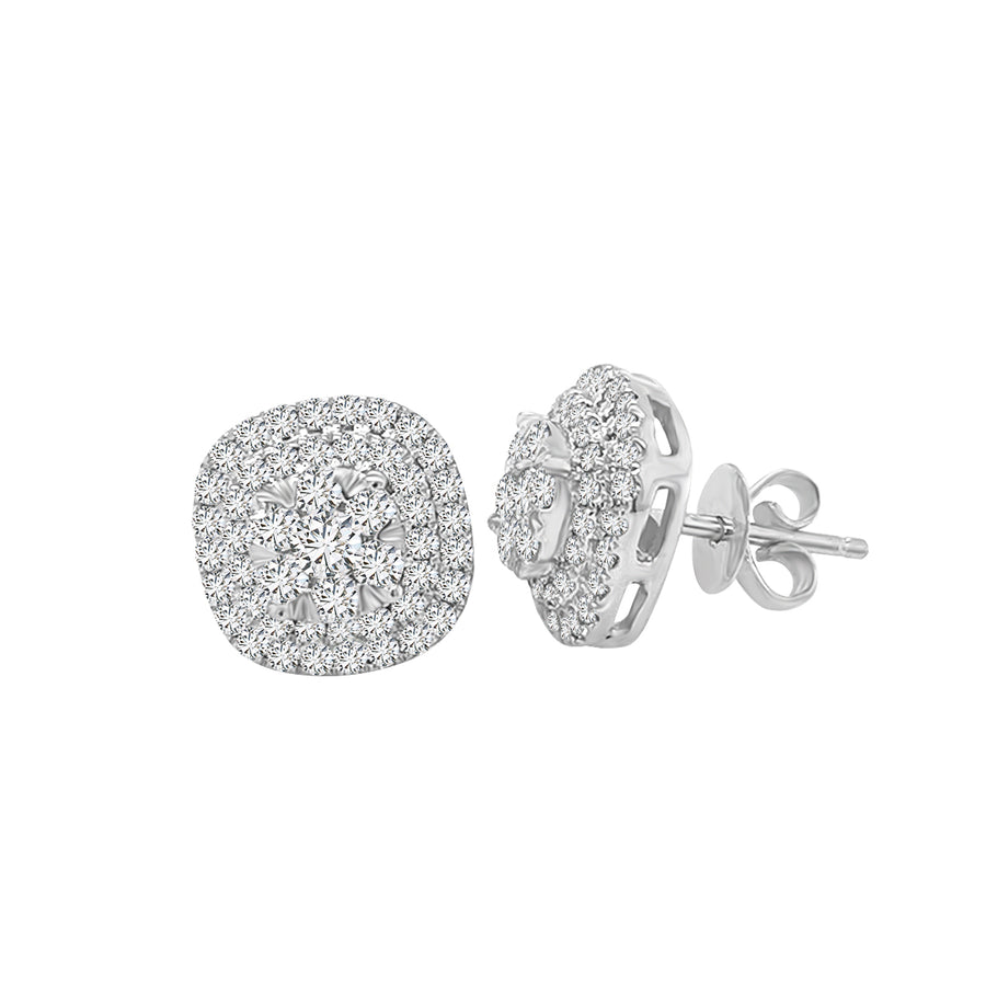 Double Halo Diamond Stud Earrings In 18k White Gold.