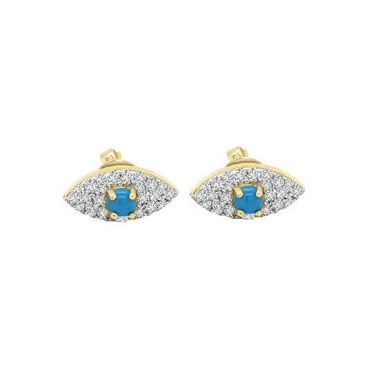 Diamond And Turquoise Evil Eye Earrings In 18k Yellow Gold.