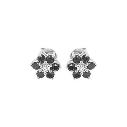 Floral Design Black Diamond Stud Earrings In 18k White Gold.