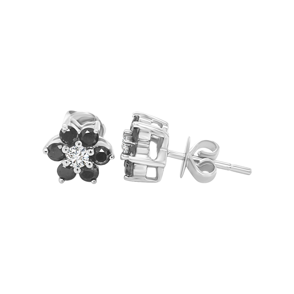 Floral Design Black Diamond Stud Earrings In 18k White Gold.