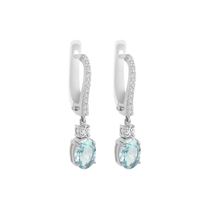Diamond Huggie With Aquamarine Charm Earrings In 18k White Gold.