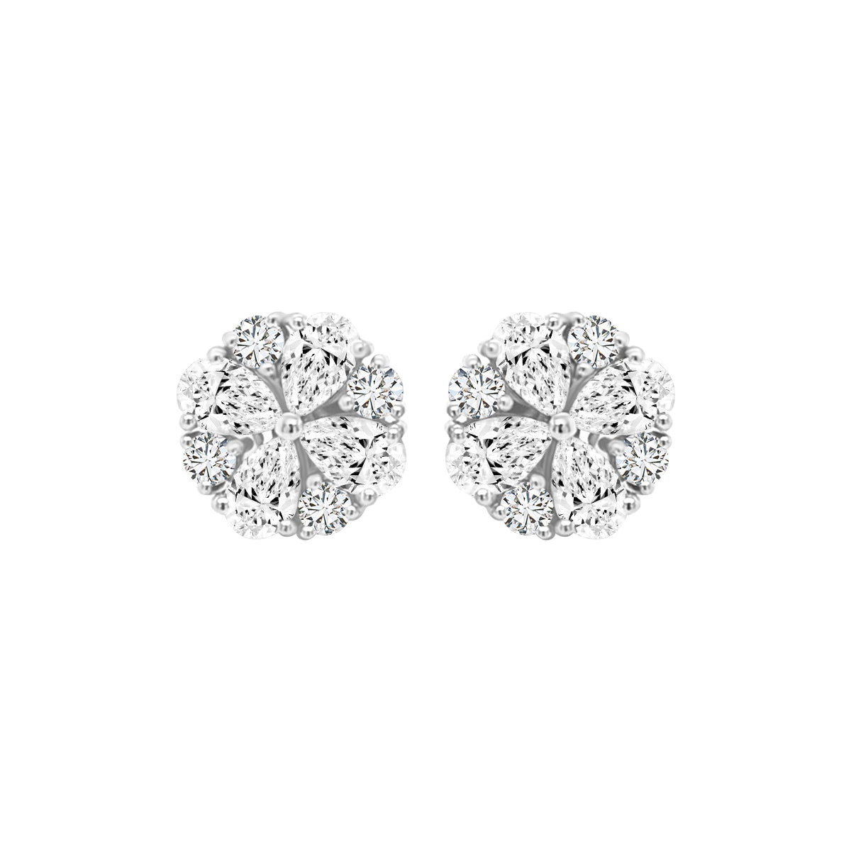 Floral, Flower Design Diamond Stud Earrings In 18k White Gold.