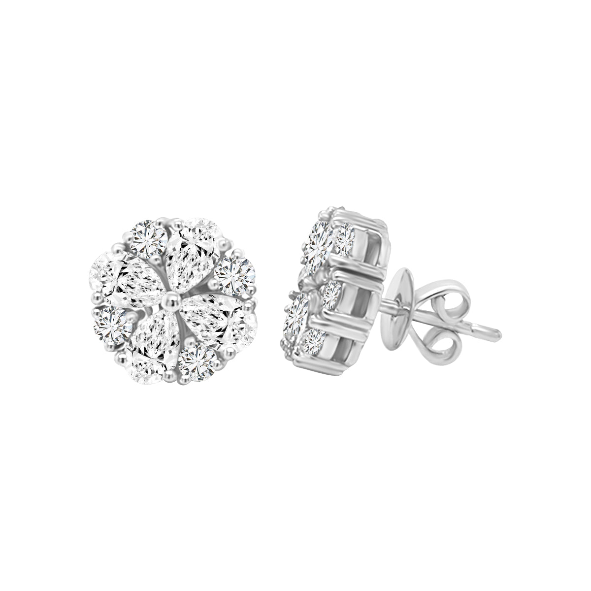 Floral, Flower Design Diamond Stud Earrings In 18k White Gold.