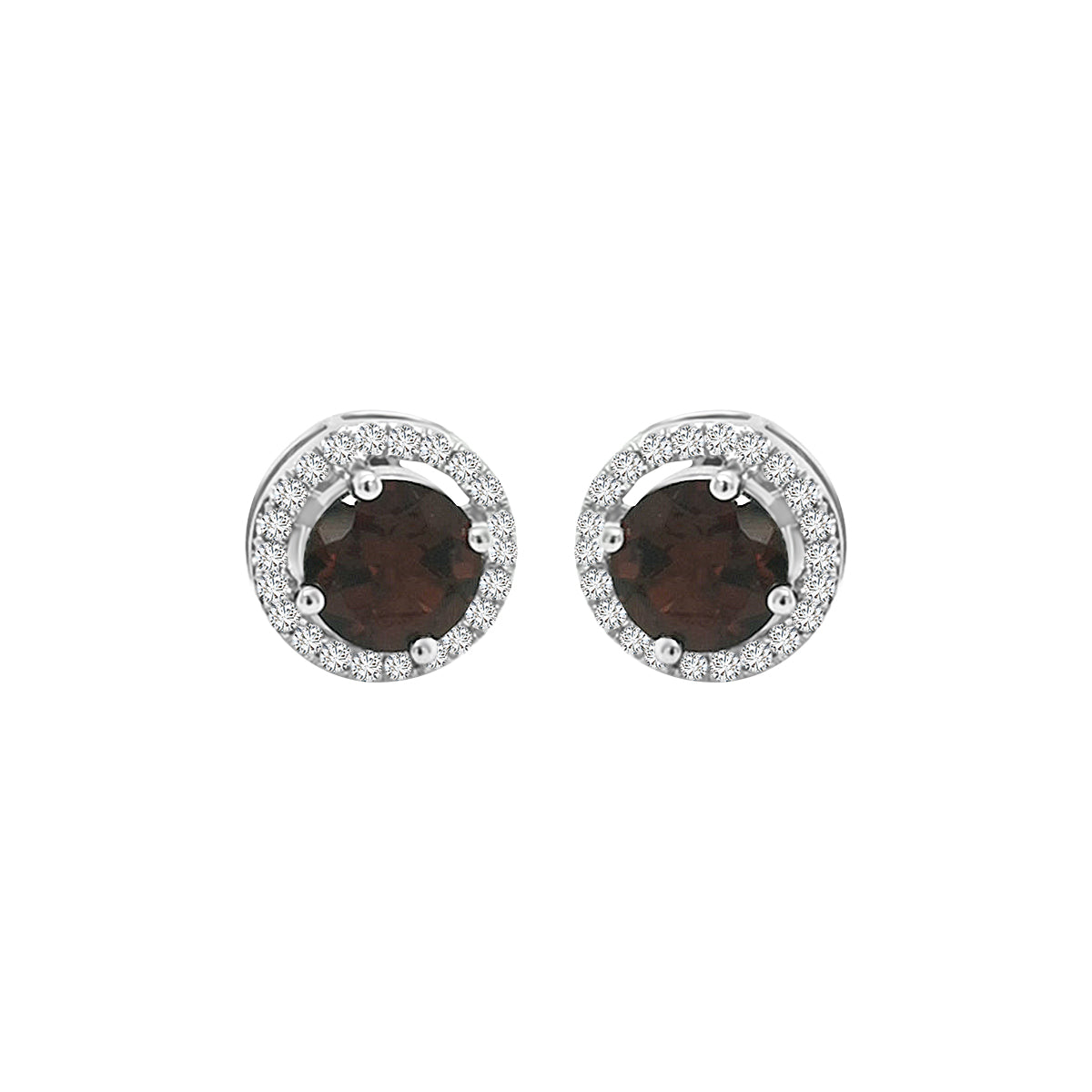 Garnet With Diamond Halo Stud Earrings In 18k White Gold.