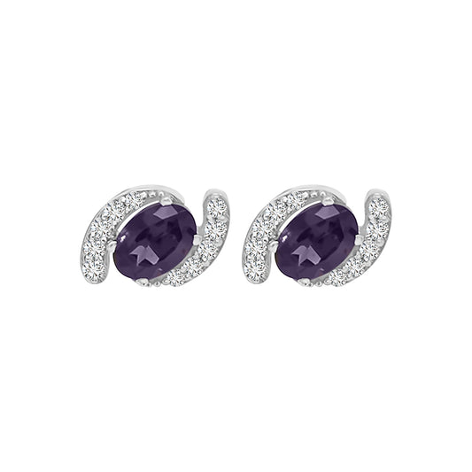 February Birthstone, Amethyst And Diamond Bypass Stud Earrings In 18k White Gold.