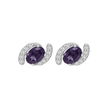 February Birthstone, Amethyst And Diamond Bypass Stud Earrings In 18k White Gold.