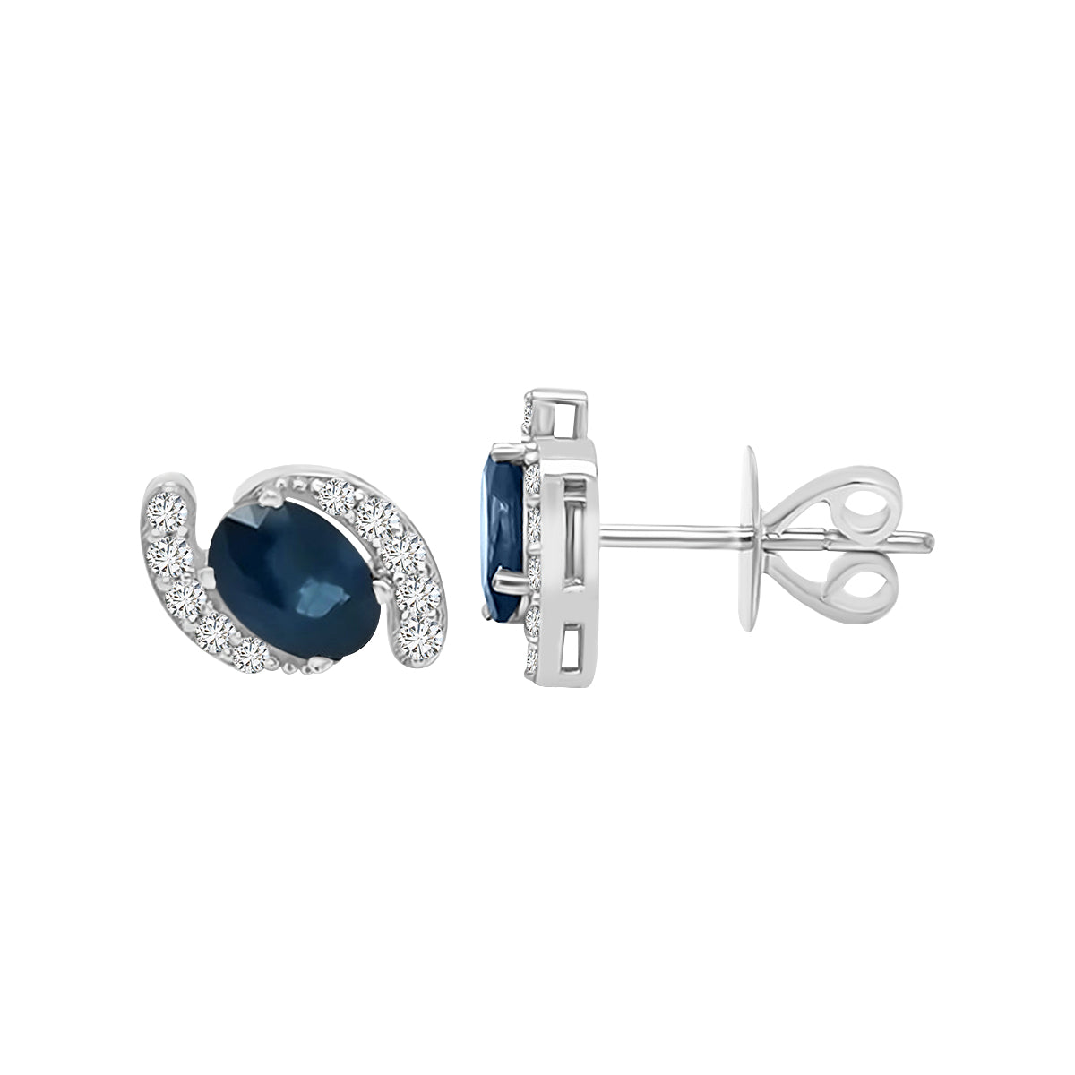 September Birthstone, Blue Sapphire And Diamond Bypass Stud Earrings In 18k White Gold.