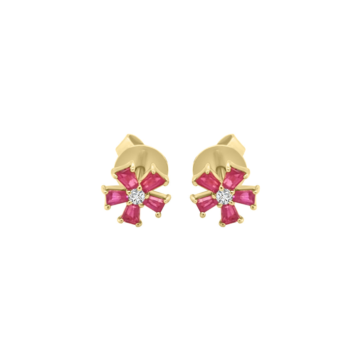 Flower Design Ruby And Diamond Earrings In 18k Yellow Gold.