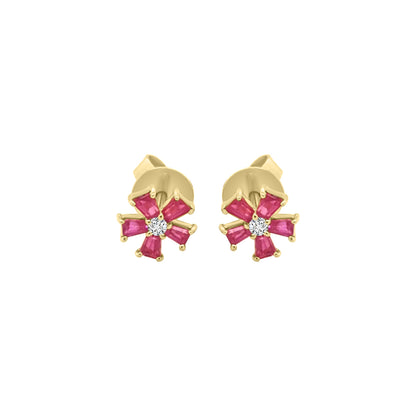 Flower Design Ruby And Diamond Earrings In 18k Yellow Gold.