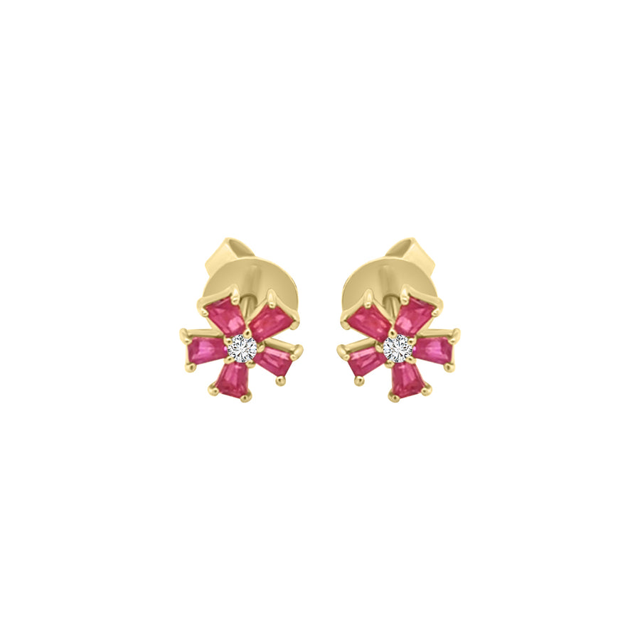 Flower Design Ruby And Diamond earrings In 18k Yellow Gold.