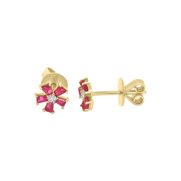 Flower Design Ruby And Diamond earrings In 18k Yellow Gold.