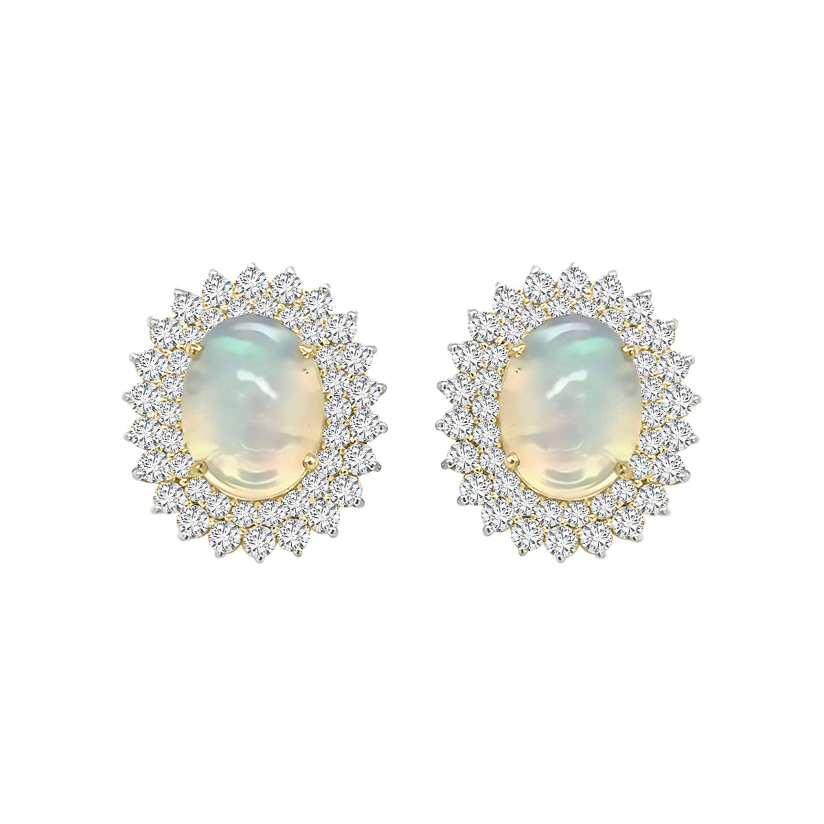 Double Diamond Halo And Opal Earrings In 18k Yellow Gold.