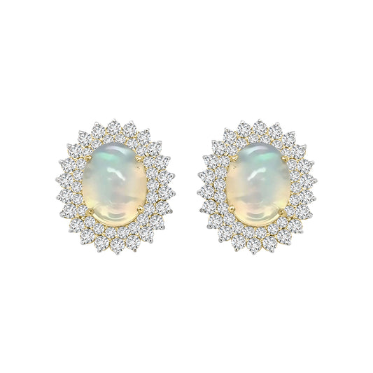 Double Diamond Halo And Opal Earrings In 18k Yellow Gold.