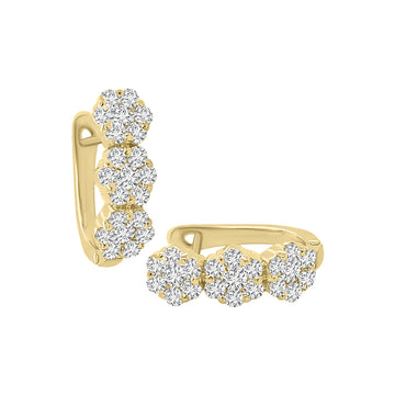 Triple Flower Cluster Diamond Huggie Hoop Earrings In 18k Yellow Gold.