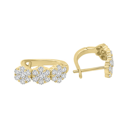 Triple Flower Cluster Diamond Huggie Hoop Earrings In 18k Yellow Gold.