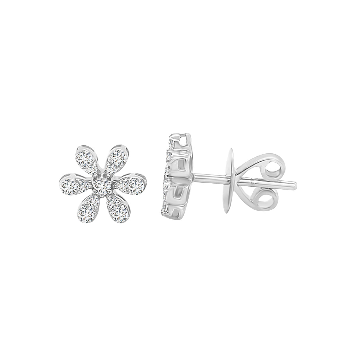 Daisy Flower Diamond Stud Earrings In 18k White Gold.