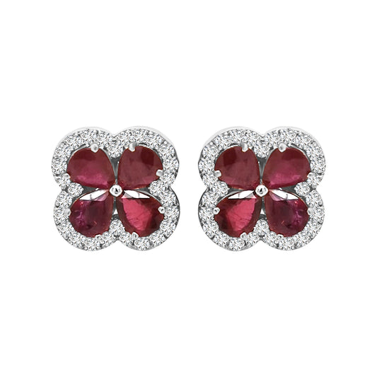 Flower Motif Ruby And Diamond Earrings In 18k White Gold.