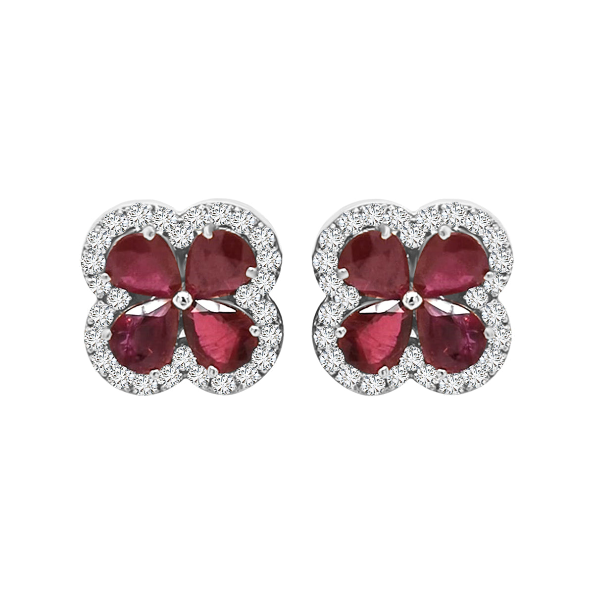 Flower Motif Ruby And Diamond Earrings In 18k White Gold.