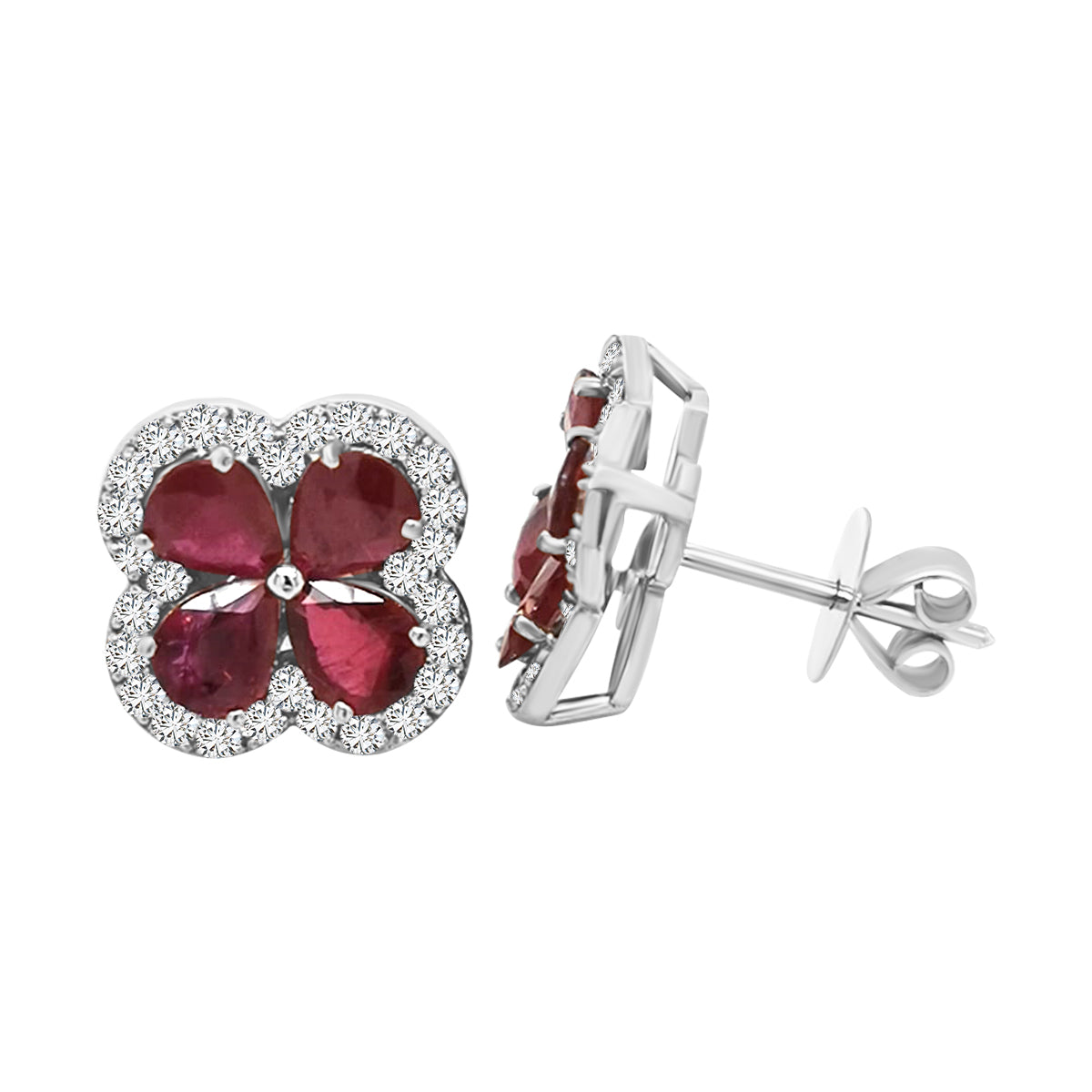 Flower Motif Ruby And Diamond Earrings In 18k White Gold.