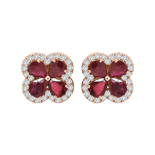 Flower Design Ruby And Diamond Stud Earrings In 18k Gold.