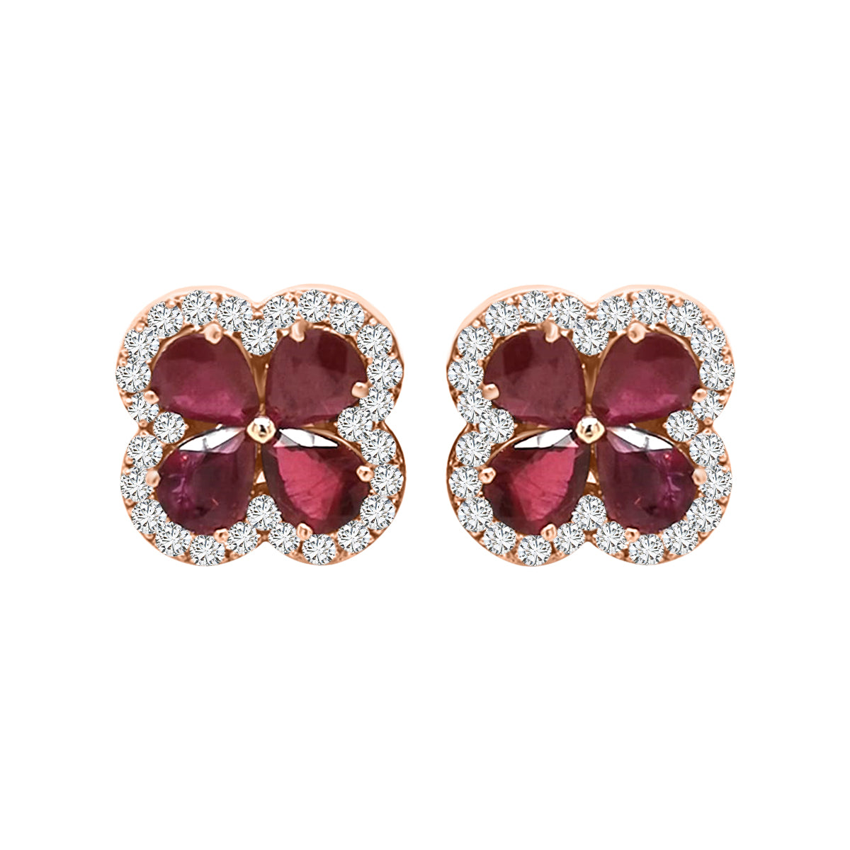 Flower Design Ruby And Diamond Stud Earrings In 18k Gold.