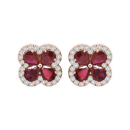 Flower Design Ruby And Diamond Stud Earrings In 18k Gold.