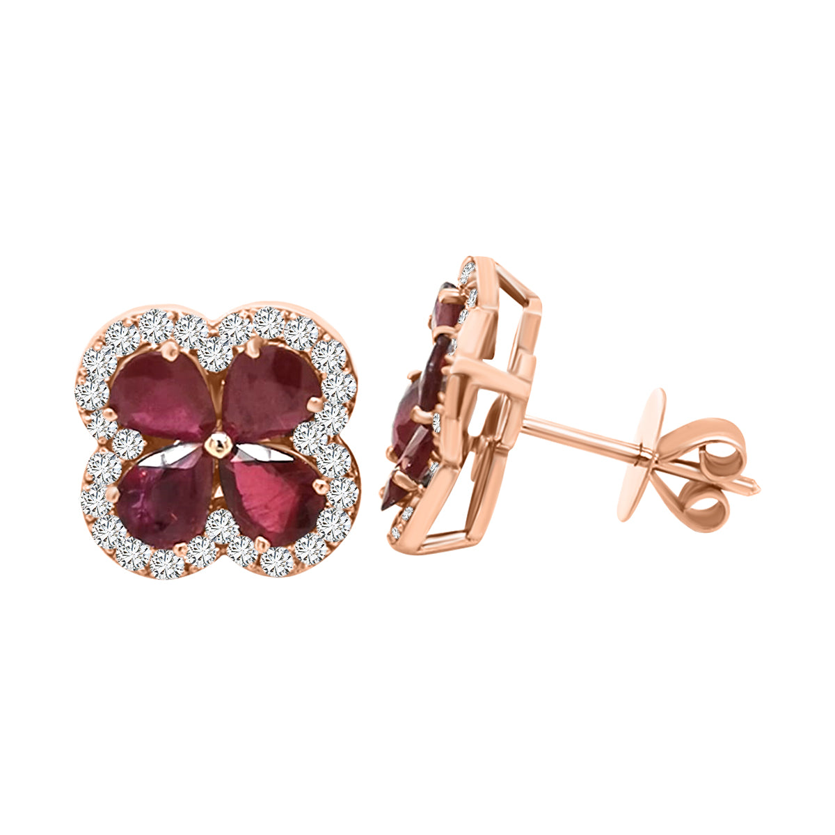 Flower Design Ruby And Diamond Stud Earrings In 18k Gold.