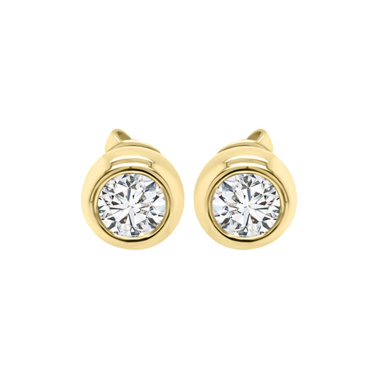 Bezel Set Solitaire Diamond Stud Earrings In 18k Yellow Gold.