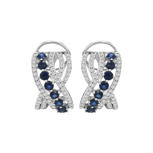 Blue Sapphire And Diamond Huggie Hoop Earrings In 18k White Gold.