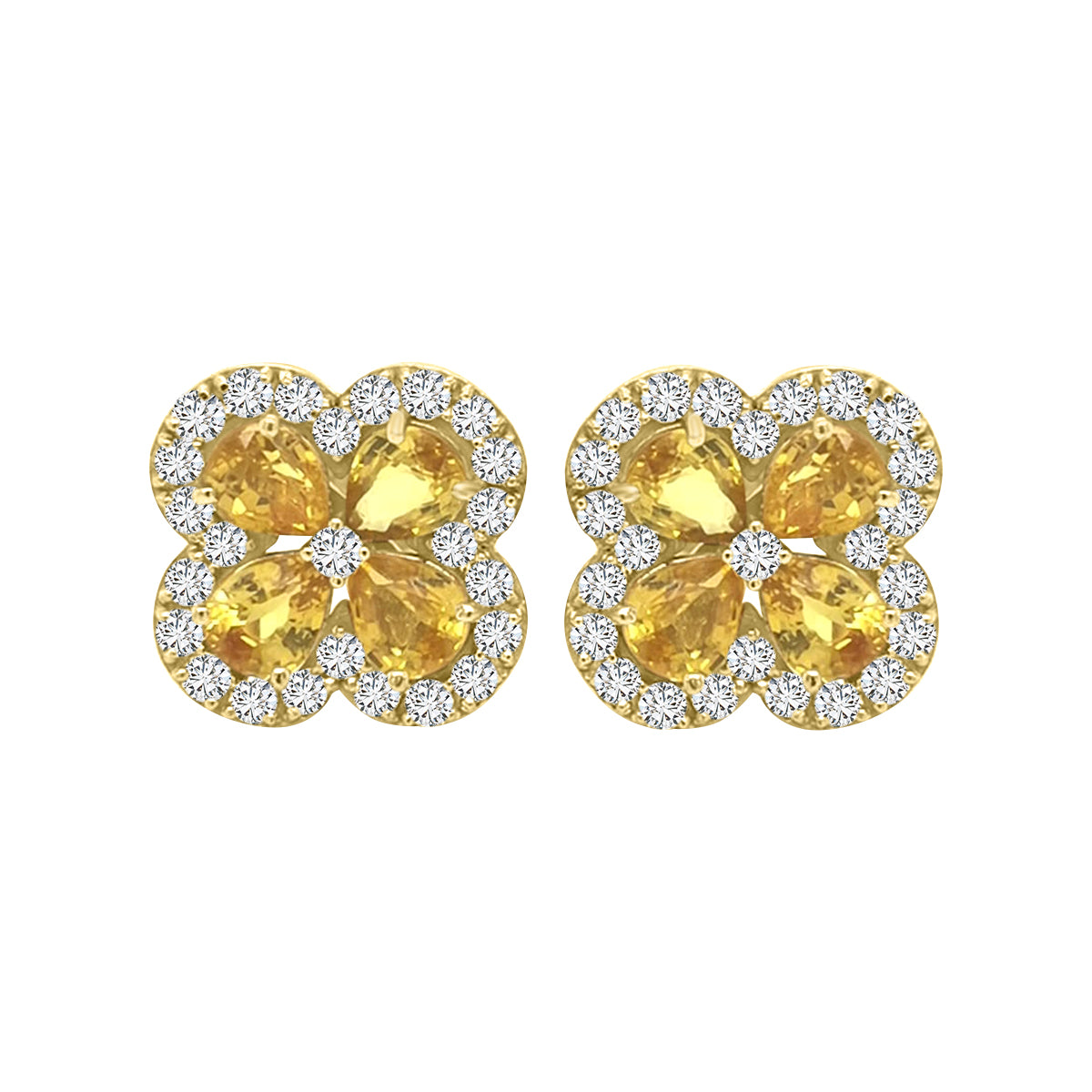 Flower Design Yellow sapphire And Diamond Stud Earrings In 18k Yellow Gold.
