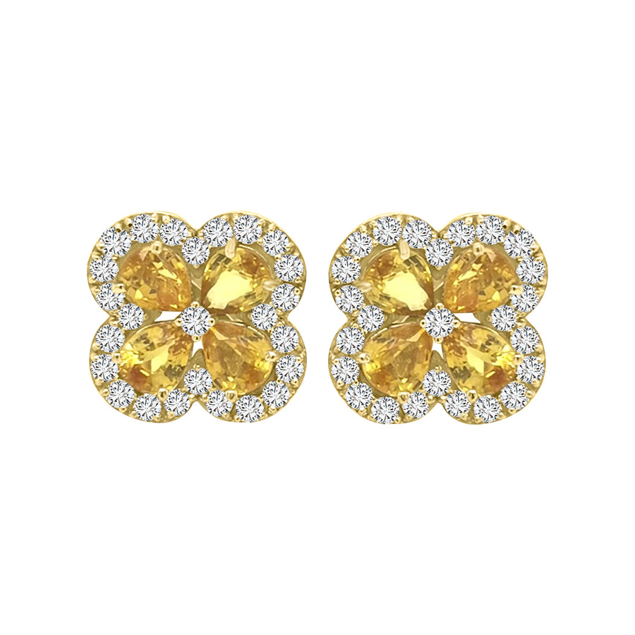Flower Design Yellow sapphire And Diamond Stud Earrings In 18k Yellow Gold.