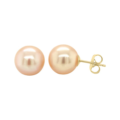 Fresh Water Peach Pearl Stud Earrings In 18k Yellow Gold.
