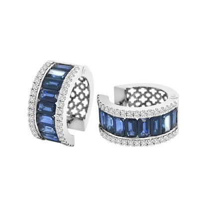 Blue Sapphire And Diamond Hoop Earrings In 18k White Gold.