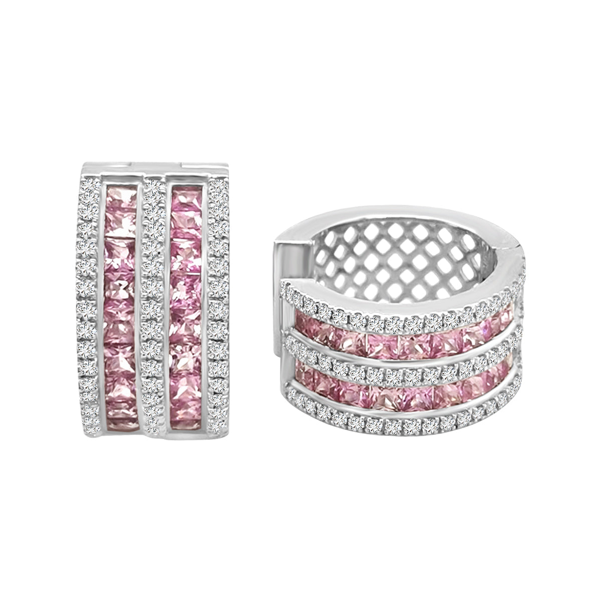 Multiple Row Pink Sapphire And Diamond Hoops In 18k White Gold.