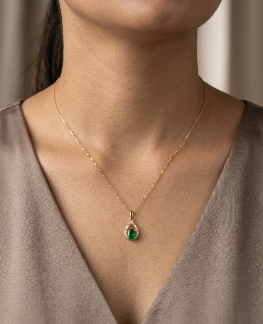 18K yellow gold emerald pendant featuring a 0.91 carat natural emerald surrounded by a teardrop diamond design with 0.13 carat natural diamonds.