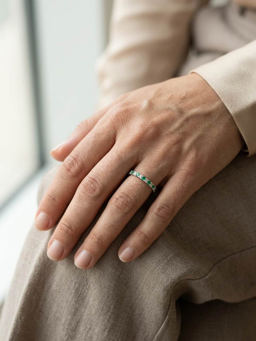 Emerald and diamond alternating band ring in 18K white gold by Emirates Diamonds