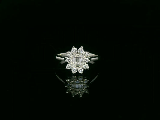 Diamond floral cluster ring in 18K white gold with round and baguette diamonds by Emirates Diamonds