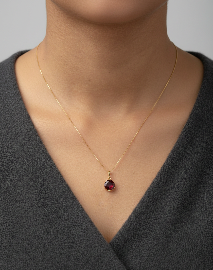 Round garnet pendant necklace in 18K yellow gold with 2.28 carat natural garnet by Emirates Diamonds