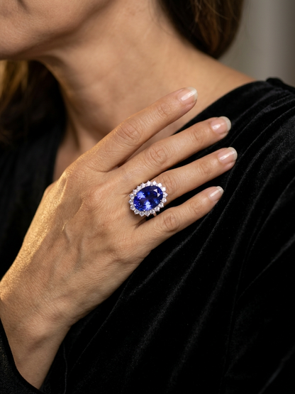 Oval Tanzanite & Diamond Statement Ring in 18K White Gold